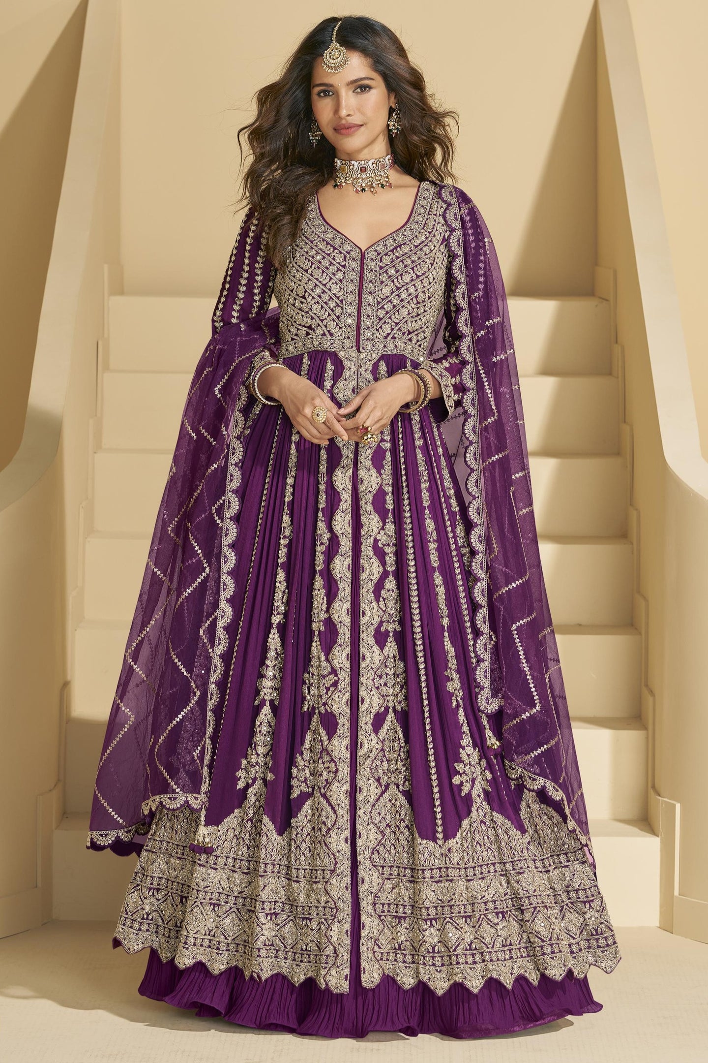 Wine Chinon Silk Front Slit Anarkali With Skirt Suit For Indian & Pakistani Wedding Festival - Sequins & Thread Embroidery Work, Dori Work