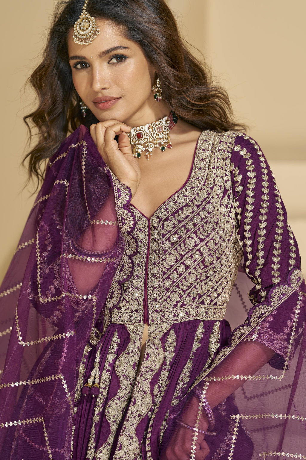 Wine Chinon Silk Front Slit Anarkali With Skirt Suit For Indian & Pakistani Wedding Festival - Sequins & Thread Embroidery Work, Dori Work