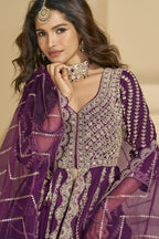 Wine Chinon Silk Front Slit Anarkali With Skirt Suit For Indian & Pakistani Wedding Festival - Sequins & Thread Embroidery Work, Dori Work