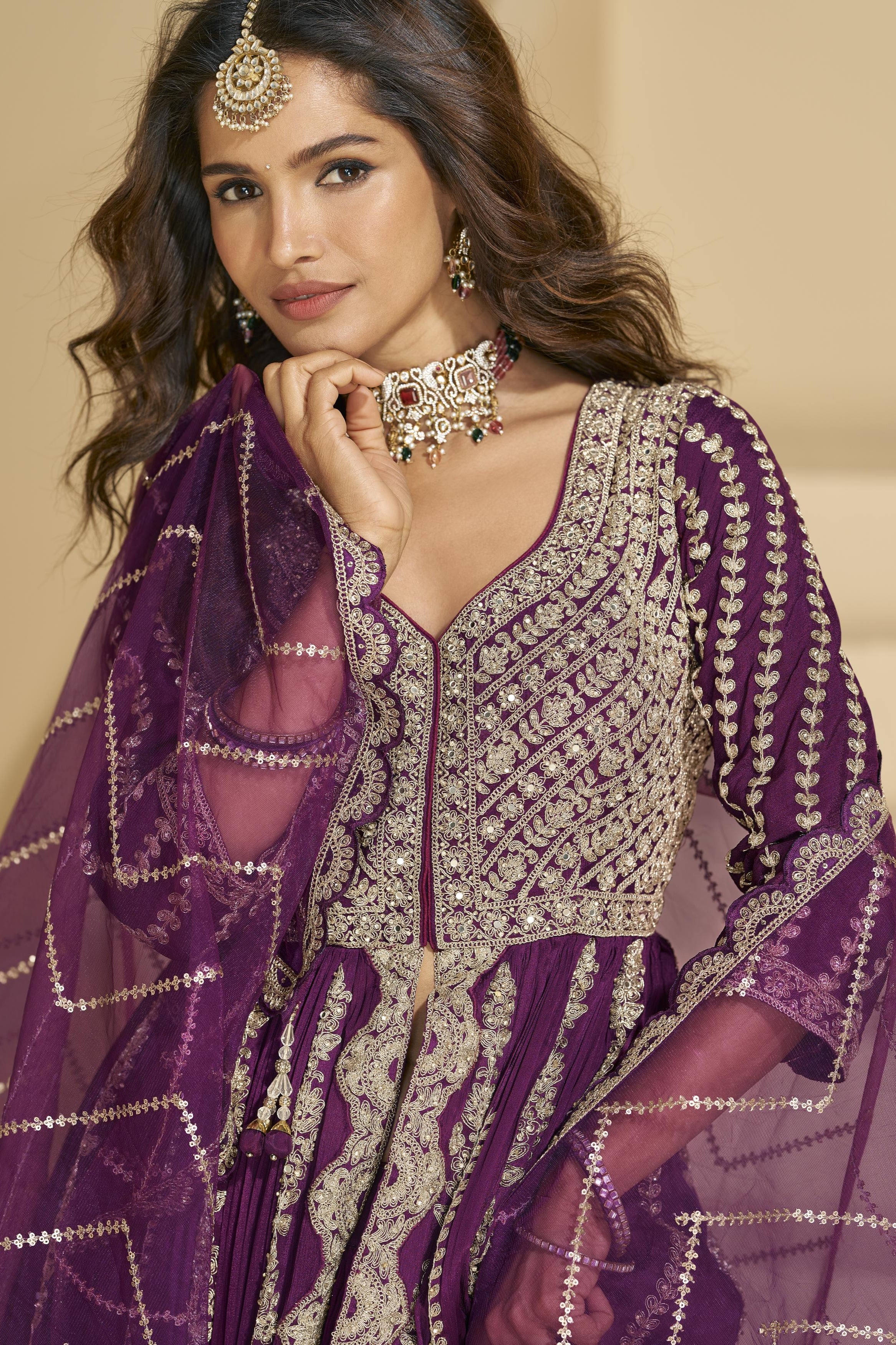 Wine Chinon Silk Front Slit Anarkali With Skirt Suit For Indian & Pakistani Wedding Festival - Sequins & Thread Embroidery Work, Dori Work