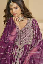 Magenta Chinon Silk Front Slit Anarkali With Skirt Suit For Indian & Pakistani Wedding Festival - Sequins & Thread Embroidery Work, Dori Work