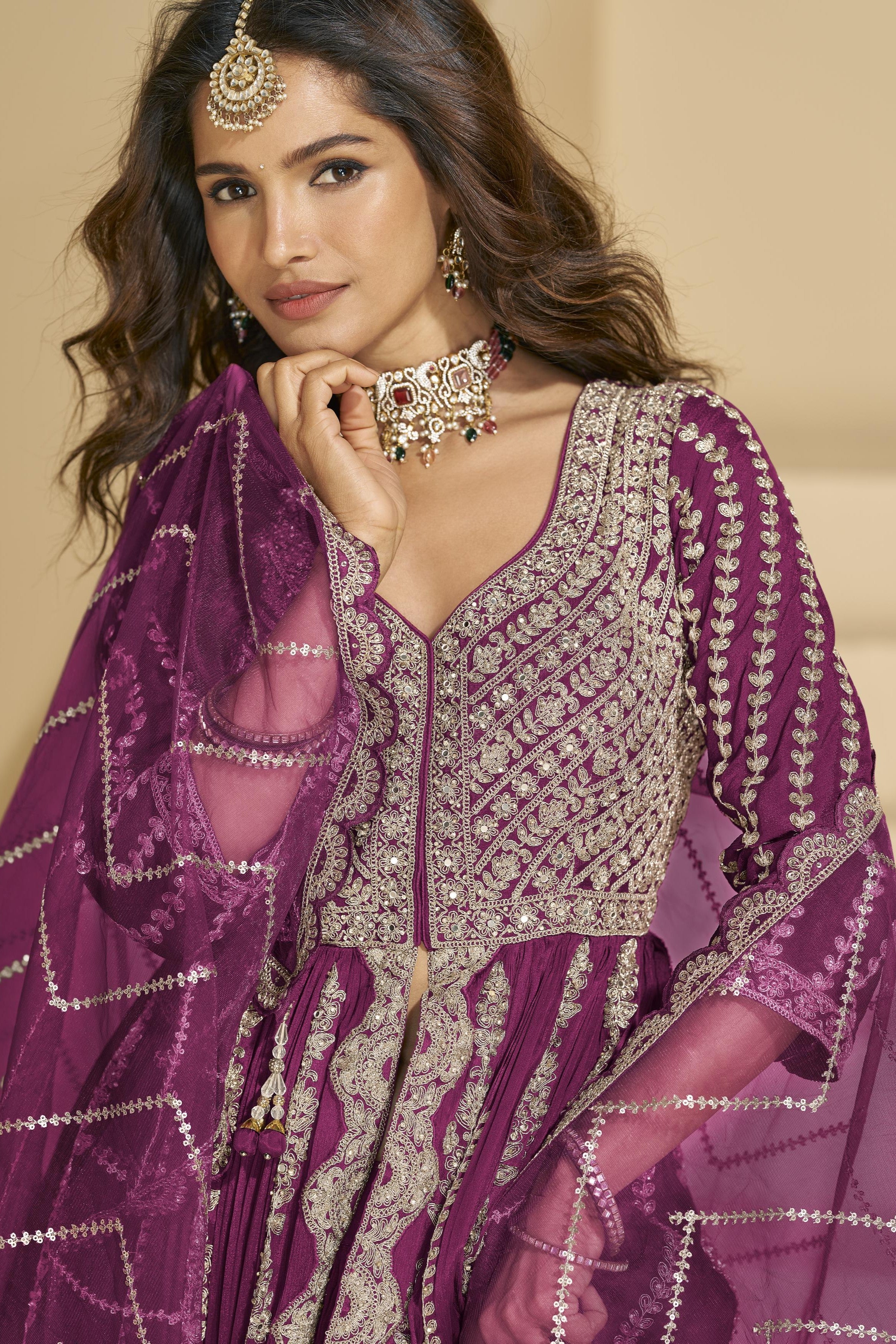 Magenta Chinon Silk Front Slit Anarkali With Skirt Suit For Indian & Pakistani Wedding Festival - Sequins & Thread Embroidery Work, Dori Work