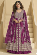 Magenta Chinon Silk Front Slit Anarkali With Skirt Suit For Indian & Pakistani Wedding Festival - Sequins & Thread Embroidery Work, Dori Work