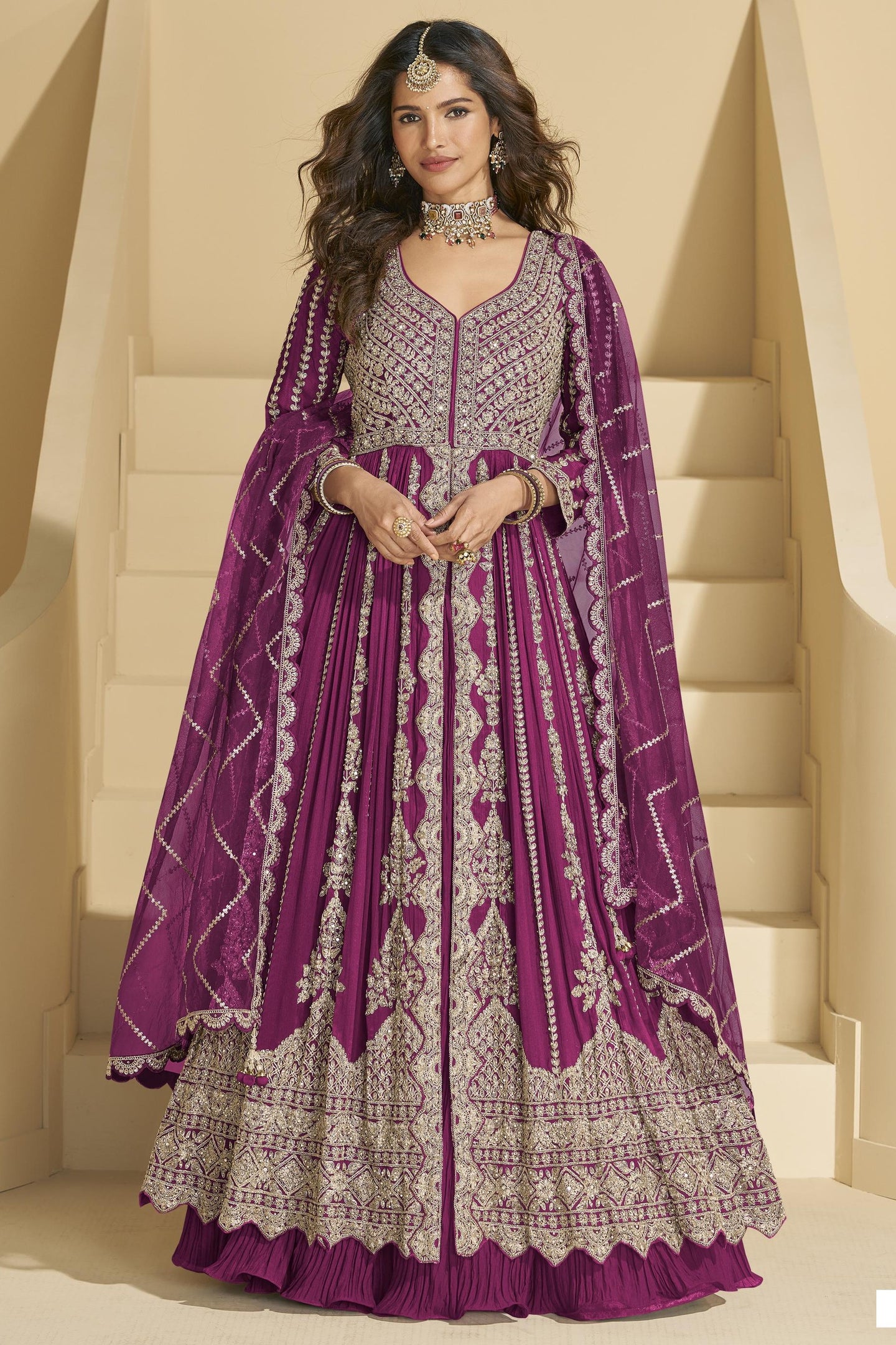 Magenta Chinon Silk Front Slit Anarkali With Skirt Suit For Indian & Pakistani Wedding Festival - Sequins & Thread Embroidery Work, Dori Work