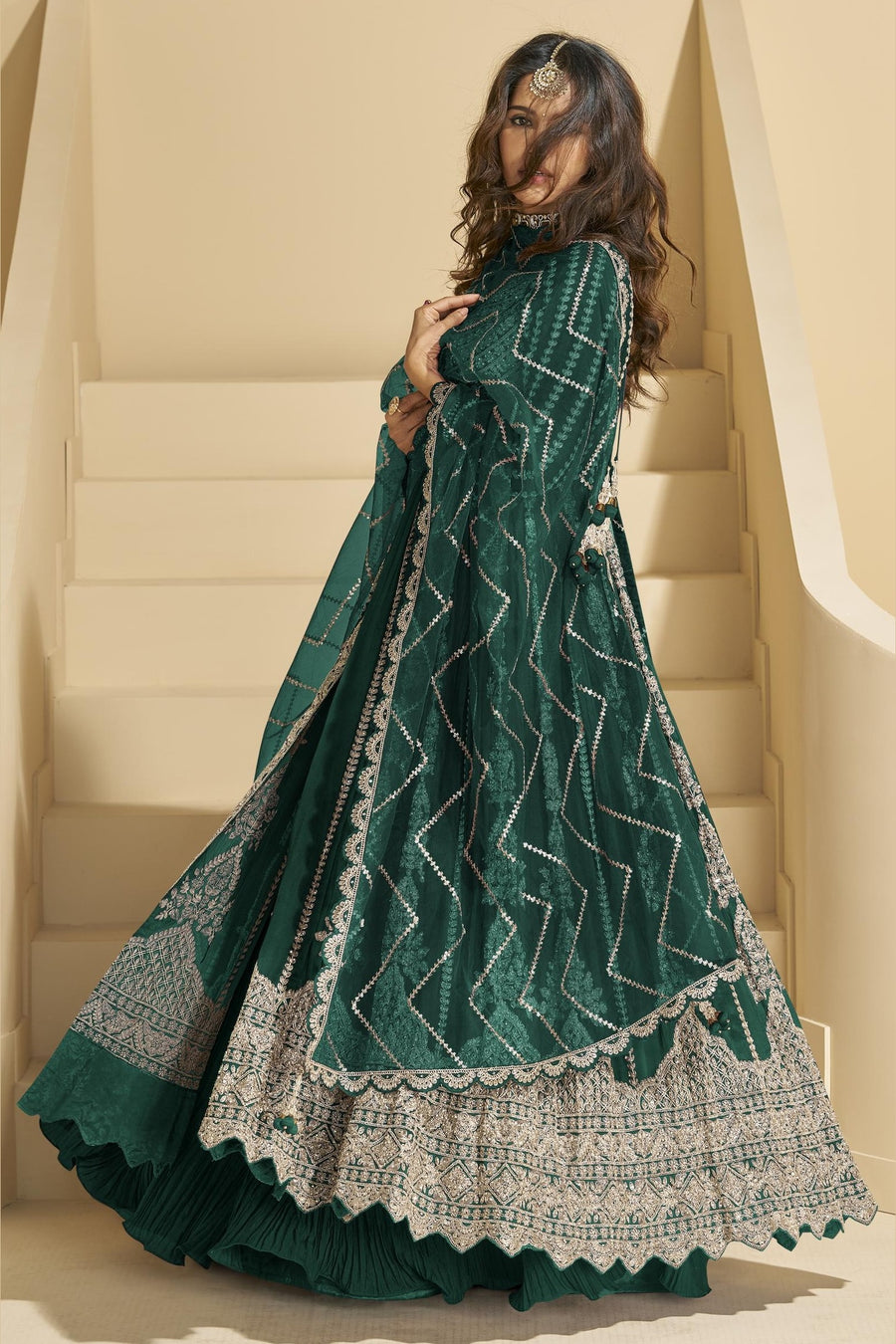 Dark Green Chinon Silk Front Slit Anarkali With Skirt Suit For Indian & Pakistani Wedding Festival - Sequins & Thread Embroidery Work, Dori Work 40 Dark Green Chinon Silk Front Slit Anarkali With Skirt Suit For Indian & Pakistani Wedding Festival - Sequins & Thread Embroidery Work, Dori Work 40