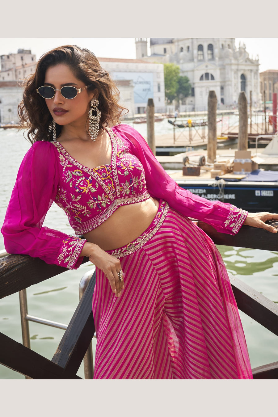 Pink Chinon Silk Palazzo Choli Set For Indian & Pakistani Wedding Festival - Embellishment Work, Embroidery Work