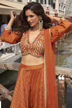 Orange Chinon Silk Palazzo Choli Set For Indian & Pakistani Wedding Festival - Embellishment Work, Embroidery Work