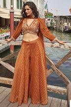 Orange Chinon Silk Palazzo Choli Set For Indian & Pakistani Wedding Festival - Embellishment Work, Embroidery Work