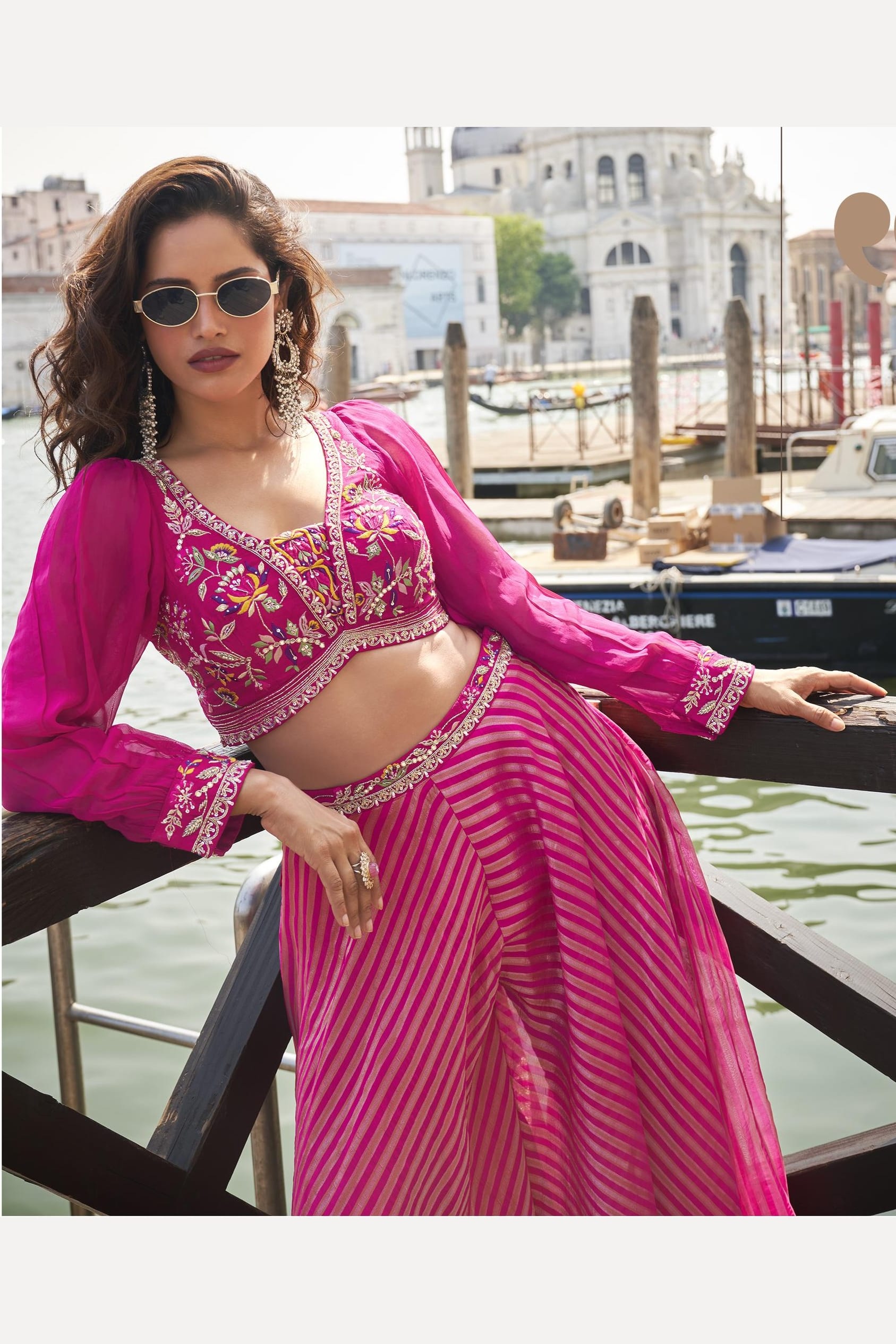 Pink Chinon Silk Palazzo Choli Set For Indian & Pakistani Wedding Festival - Embellishment Work, Embroidery Work