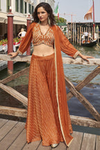 Orange Chinon Silk Palazzo Choli Set For Indian & Pakistani Wedding Festival - Embellishment Work, Embroidery Work
