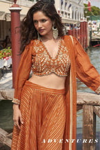Orange Chinon Silk Palazzo Choli Set For Indian & Pakistani Wedding Festival - Embellishment Work, Embroidery Work