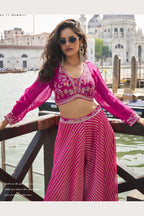 Pink Chinon Silk Palazzo Choli Set For Indian & Pakistani Wedding Festival - Embellishment Work, Embroidery Work