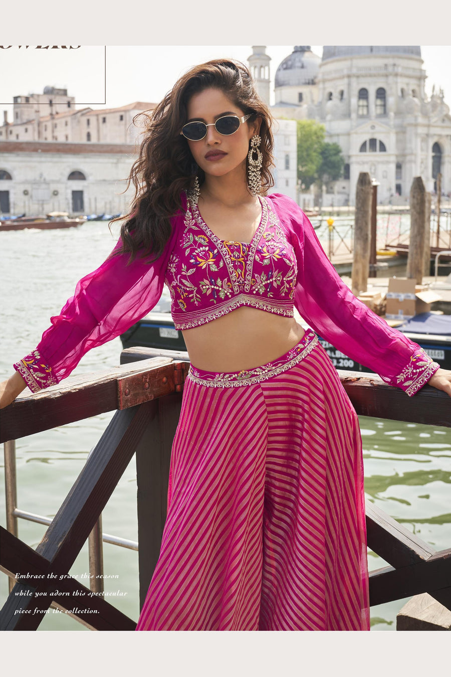 Pink Chinon Silk Palazzo Choli Set For Indian & Pakistani Wedding Festival - Embellishment Work, Embroidery Work