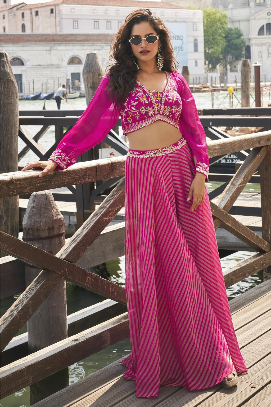 Pink Chinon Silk Palazzo Choli Set For Indian & Pakistani Wedding Festival - Embellishment Work, Embroidery Work