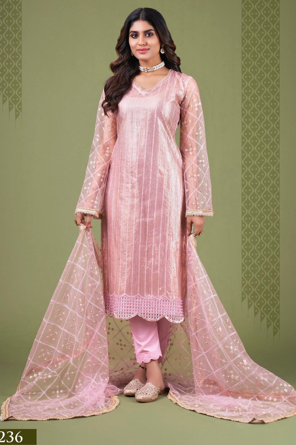 Baby Pink Net Kameez with Pant Indian Attire for Women with Zari Work
