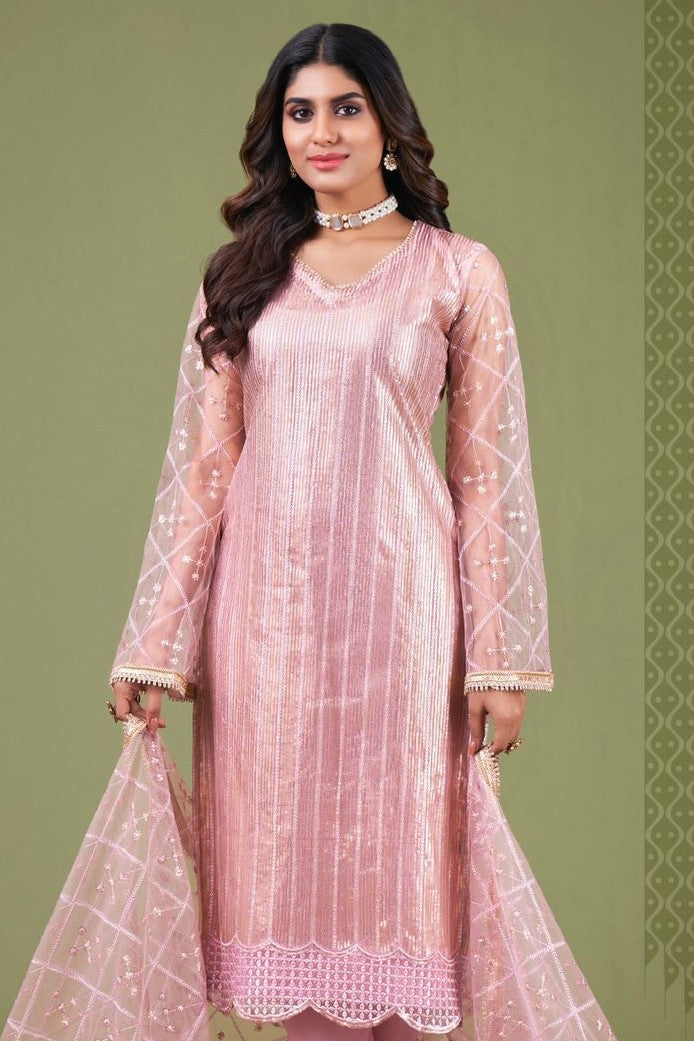 Baby Pink Net Kameez with Pant Indian Attire for Women with Zari Work