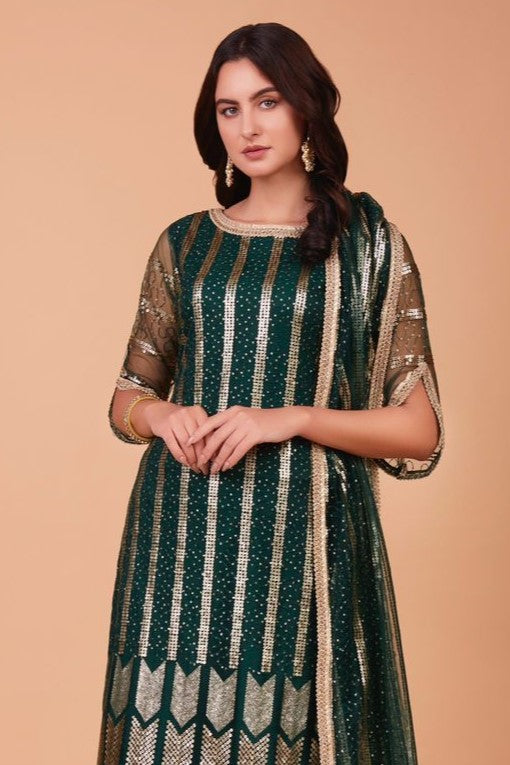Green Net Kameez with Pant Designer Indian Clothes with Mirror Work