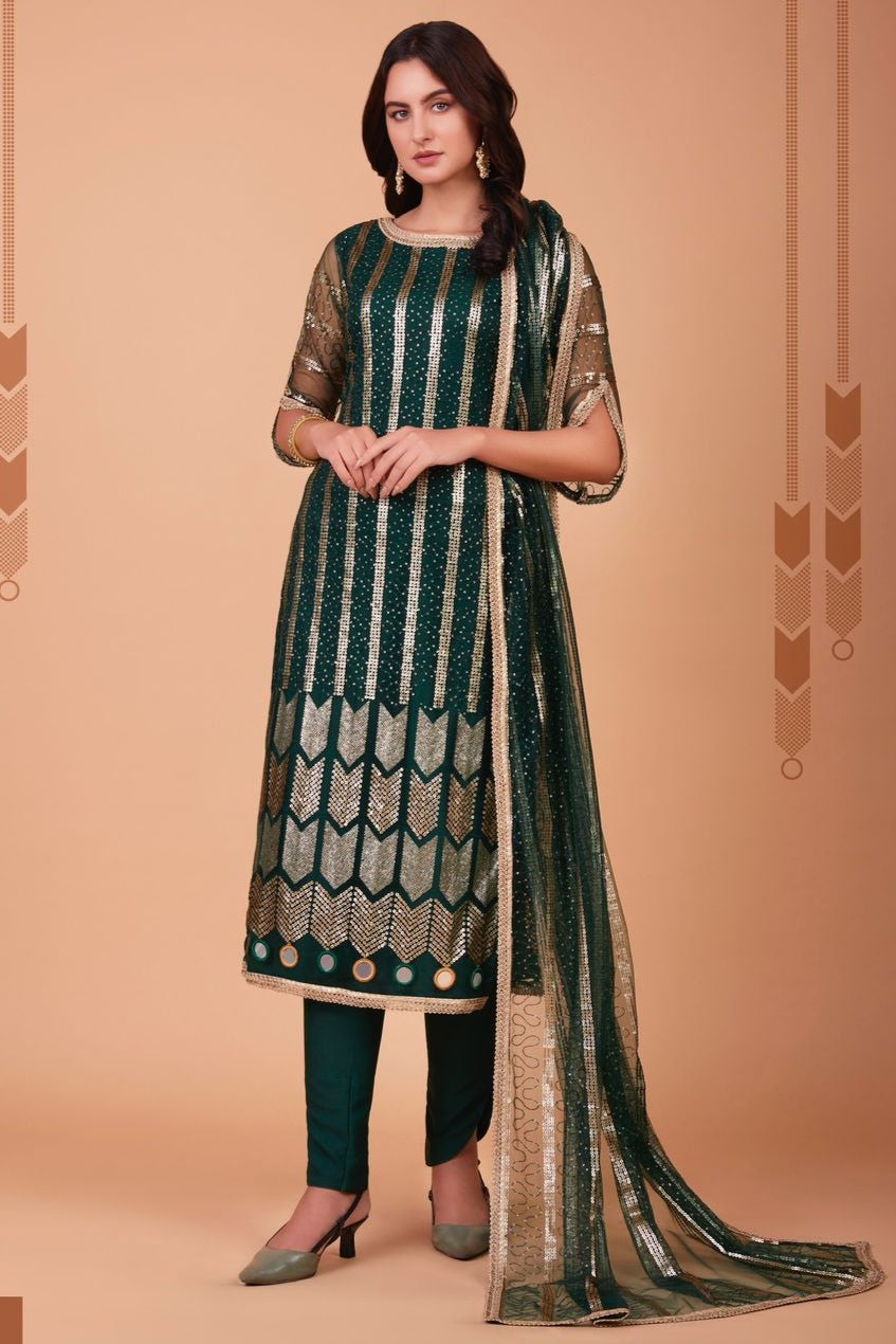 Green Net Kameez with Pant Designer Indian Clothes with Mirror Work