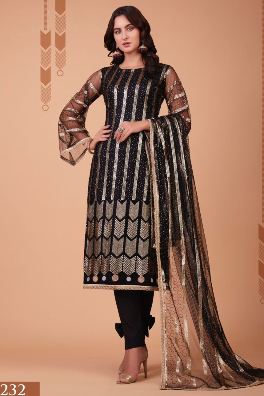 Black Net Kameez with Pant Designer Indian Clothes with Mirror Work