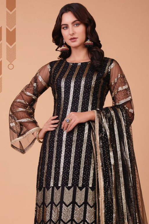 Black Net Kameez with Pant Designer Indian Clothes with Mirror Work