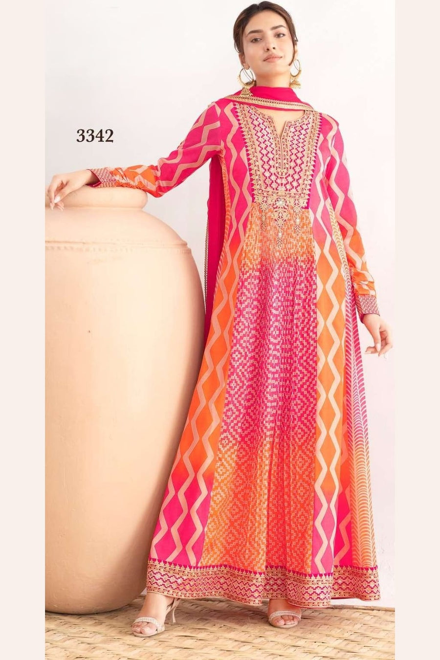 Pink Chinon Silk Dual Color Anarkali Suit For Indian & Pakistani Wedding Festival - Motif Work, Print Work, Resham Embroidery Work