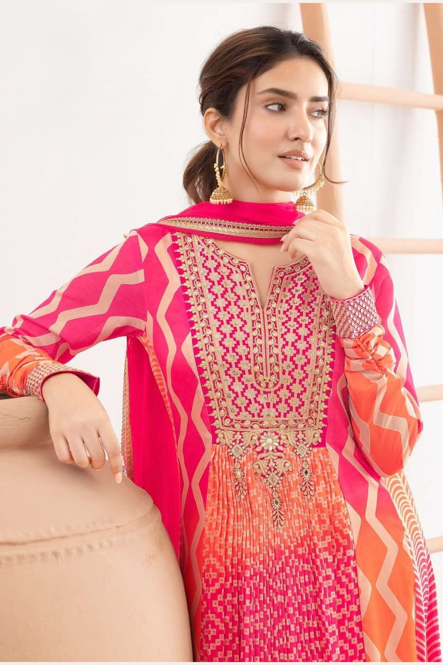 Pink Chinon Silk Dual Color Anarkali Suit For Indian & Pakistani Wedding Festival - Motif Work, Print Work, Resham Embroidery Work