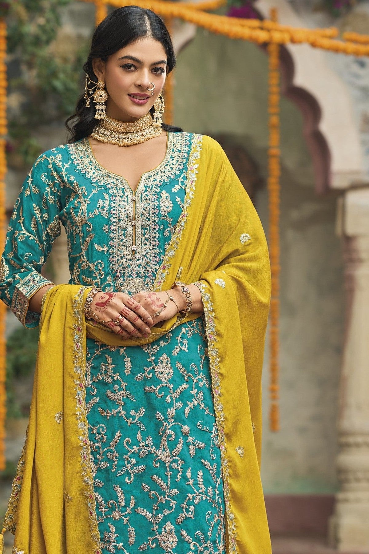 Aqua Green Chinon Silk Plazo Suit - close-up embroidery detail