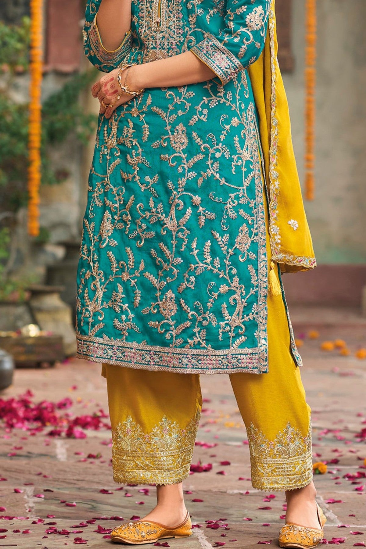 Aqua Green Chinon Silk Plazo Suit - hem and pant detail