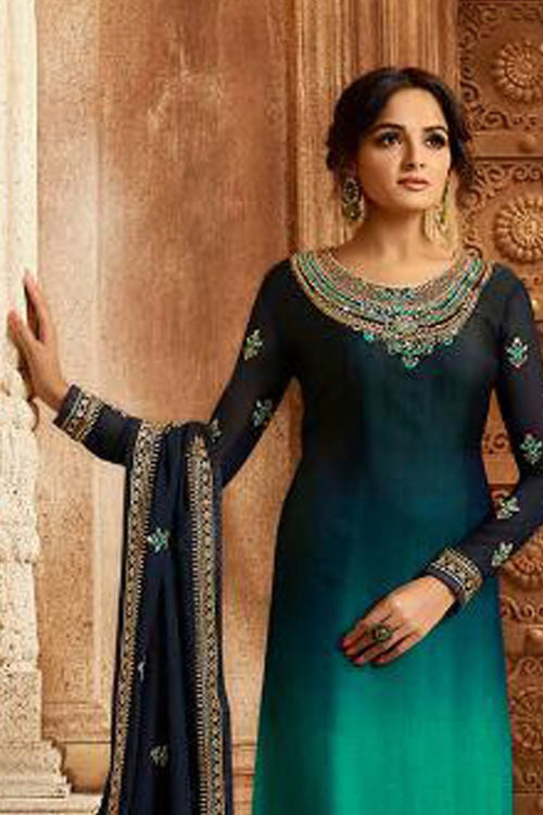 Aqua Blue Satin Georgette Kameez - close-up face and neckline
