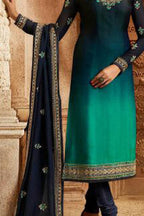 Aqua Blue Satin Georgette Kameez - torso and dupatta detail
