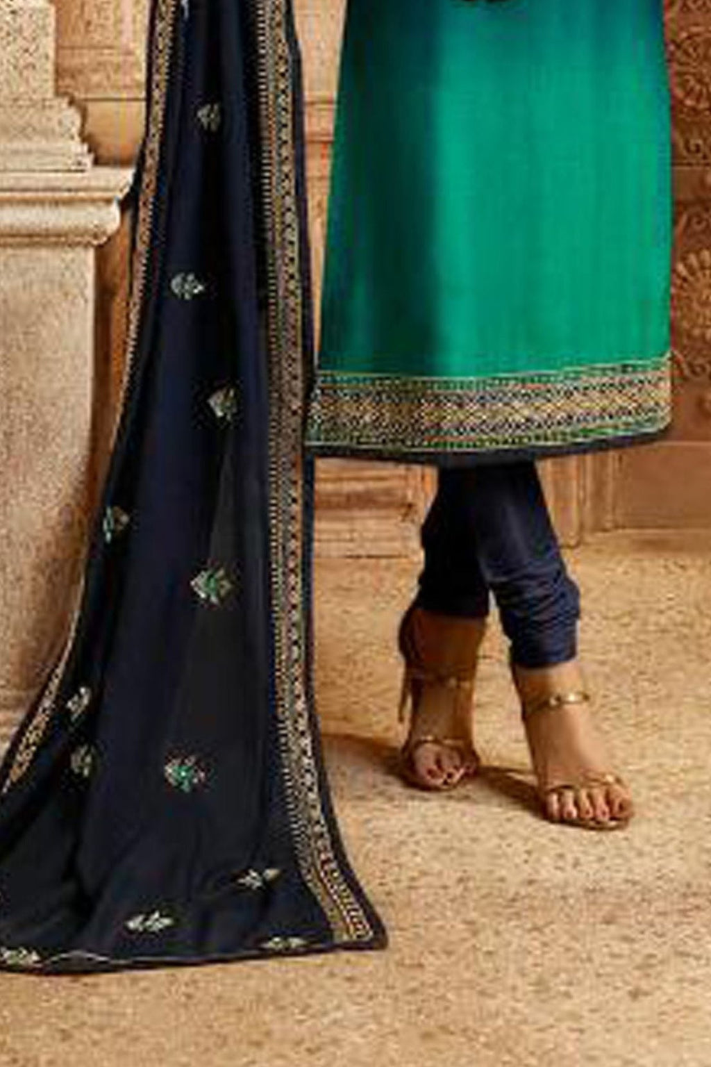 Aqua Blue Satin Georgette Kameez - hem and footwear detail