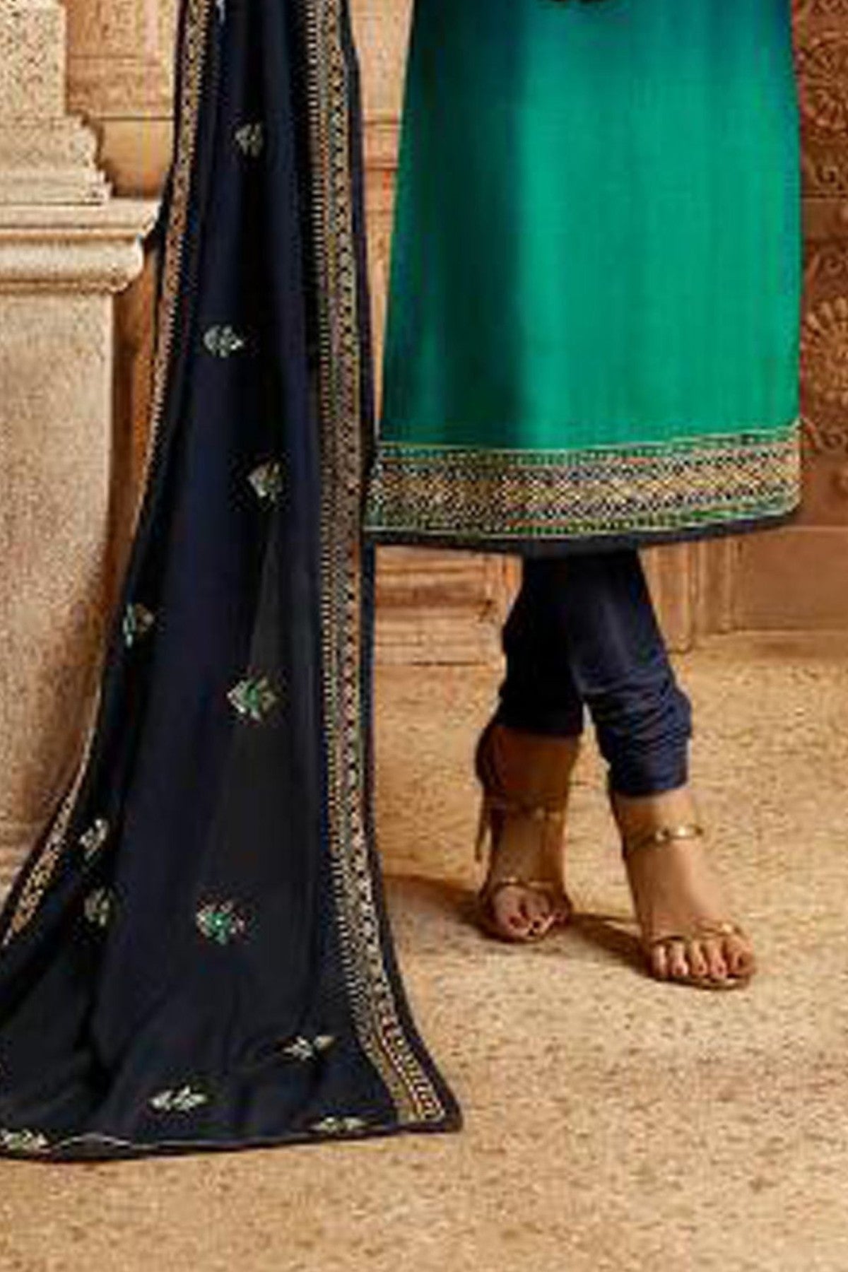 Aqua Blue Satin Georgette Kameez - hem and footwear detail
