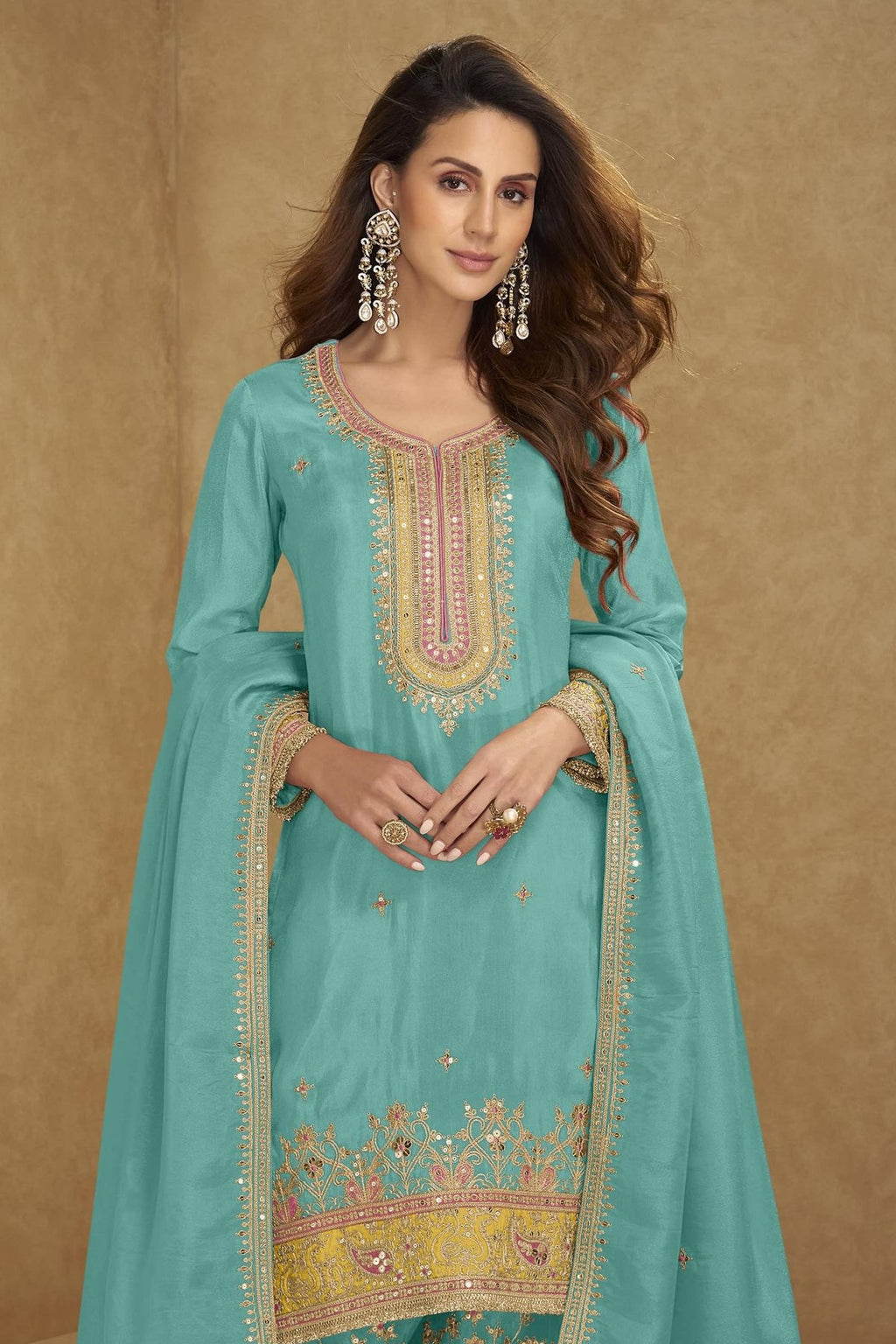 Aqua Blue Simmer Silk Kameez - close-up face and neckline