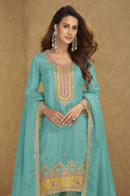 Aqua Blue Simmer Silk Kameez - close-up face and neckline