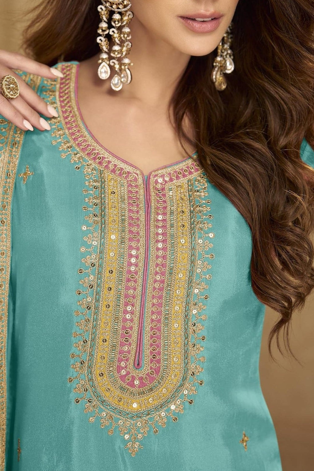 Aqua Blue Simmer Silk Kameez - neckline embroidery detail