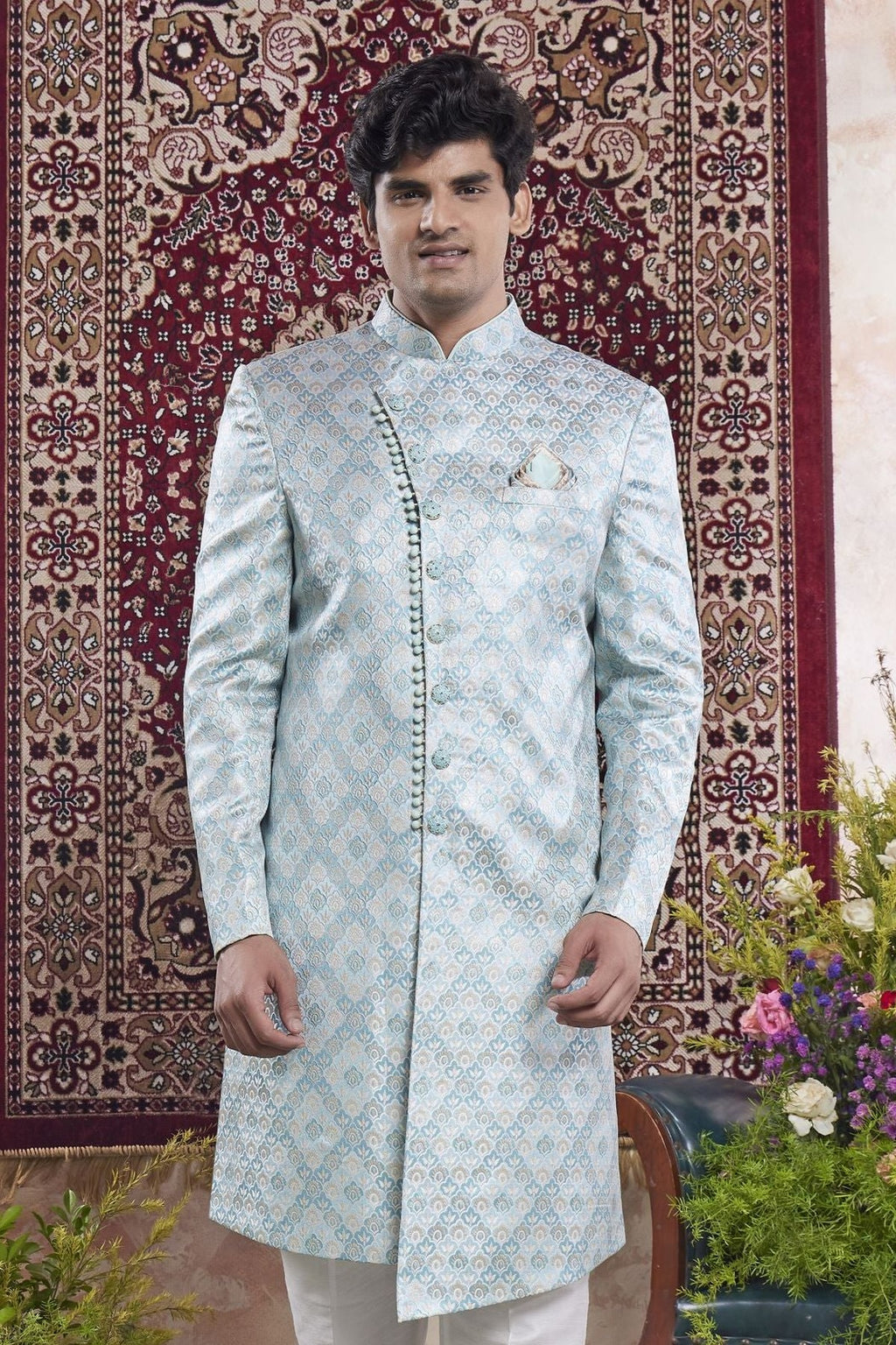 Baby Blue Jacquard Woven Mens Indian Wedding Attire - close-up