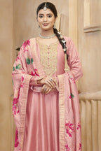 Baby Pink Chinon Silk Suit - close-up face and neckline