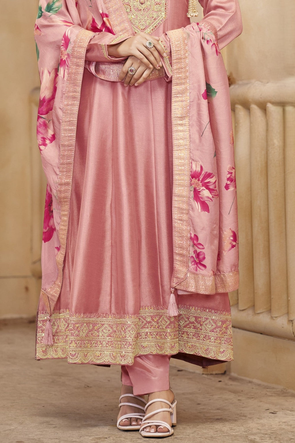 Baby Pink Chinon Silk Suit - hem and footwear detail