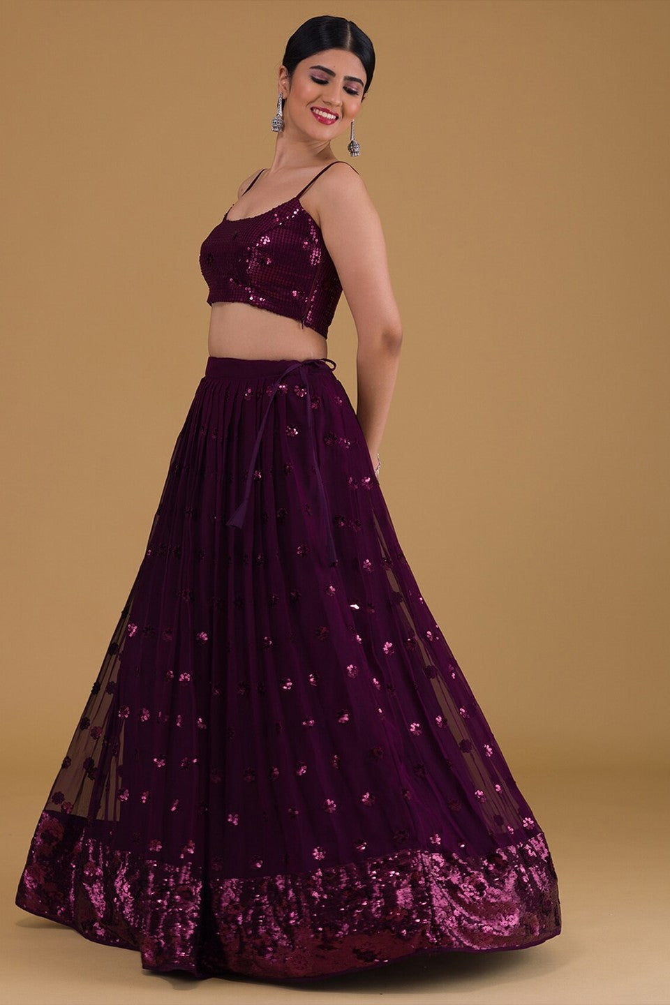 Wine Purple Georgette Lehenga Choli For Indian Festivals & Pakistani Weddings Dress - Sequence Embroidery Work, Zari Work