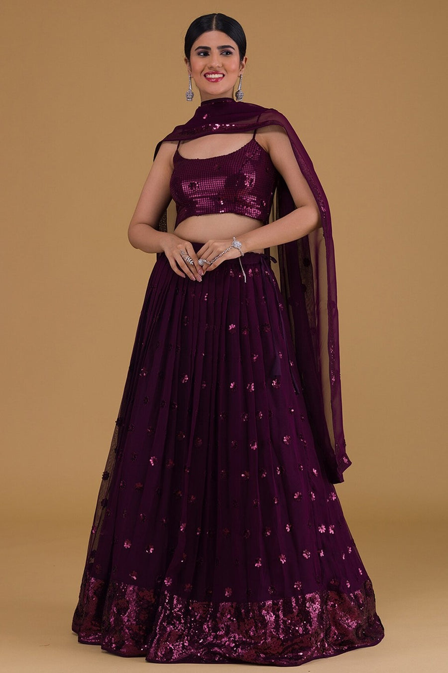 Wine Purple Georgette Lehenga Choli For Indian Festivals & Pakistani Weddings Dress - Sequence Embroidery Work, Zari Work