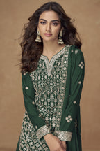Green Chinon Silk Kameez With Plazzo Suit For Indian & Pakistani Wedding Festival - Thread & Sequence Embroidery