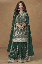 Green Chinon Silk Kameez With Plazzo Suit For Indian & Pakistani Wedding Festival - Thread & Sequence Embroidery