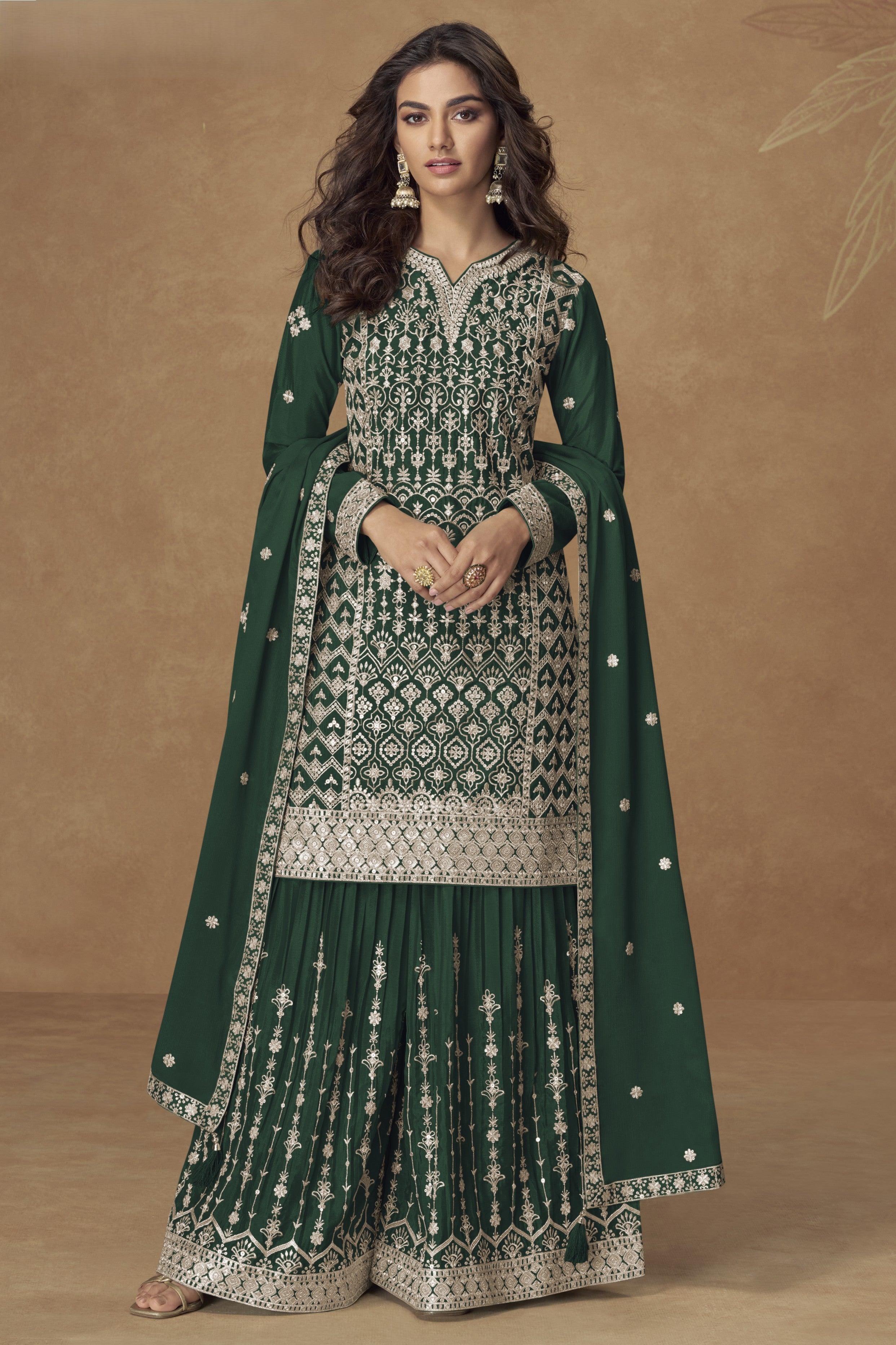 Green Chinon Silk Kameez With Plazzo Suit For Indian & Pakistani Wedding Festival - Thread & Sequence Embroidery