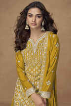 Yellow Chinon Silk Kameez With Plazzo Suit For Indian & Pakistani Wedding Festival - Thread & Sequence Embroidery