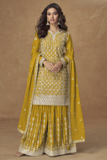 Yellow Chinon Silk Kameez With Plazzo Suit For Indian & Pakistani Wedding Festival - Thread & Sequence Embroidery