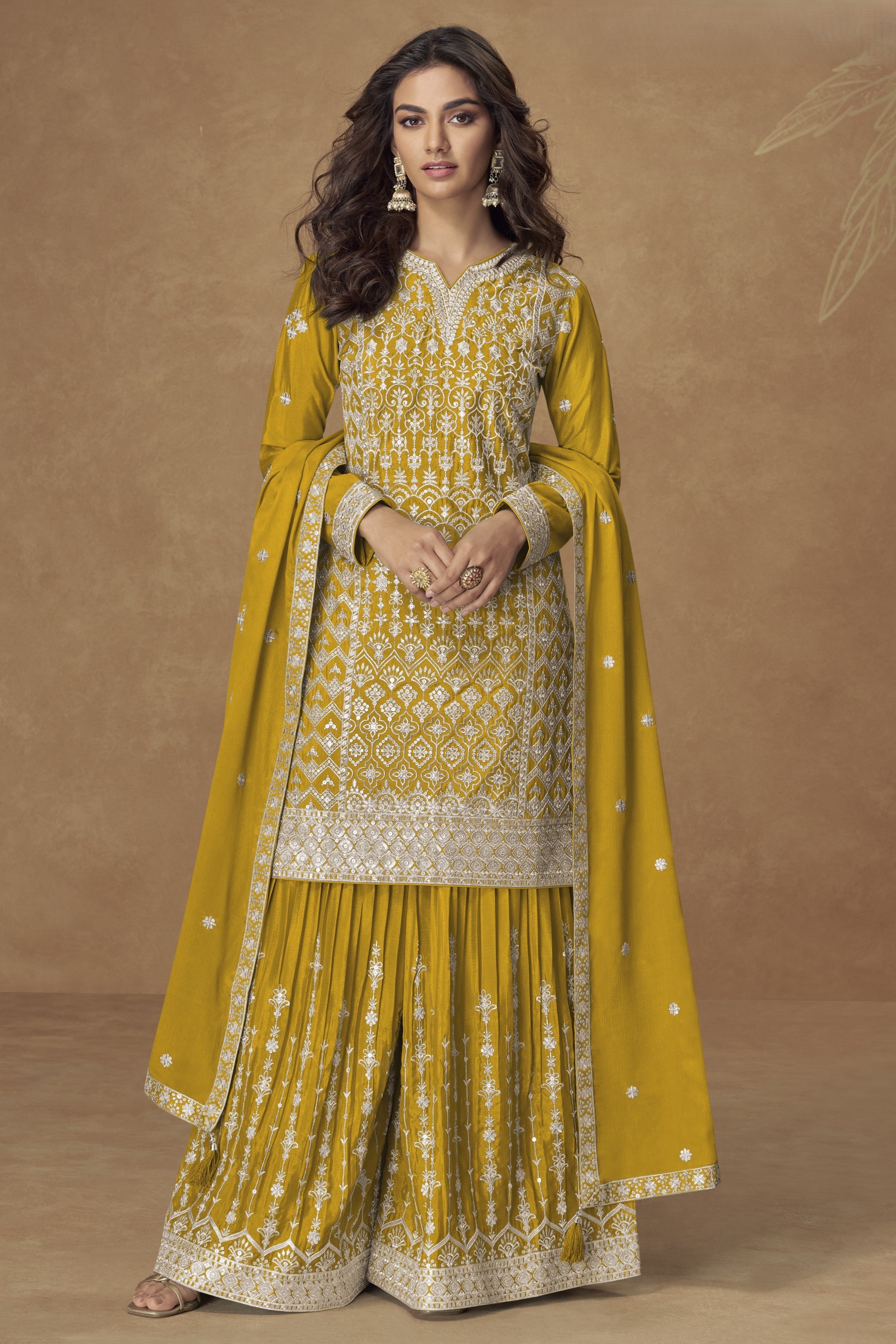 Yellow Chinon Silk Kameez With Plazzo Suit For Indian & Pakistani Wedding Festival - Thread & Sequence Embroidery