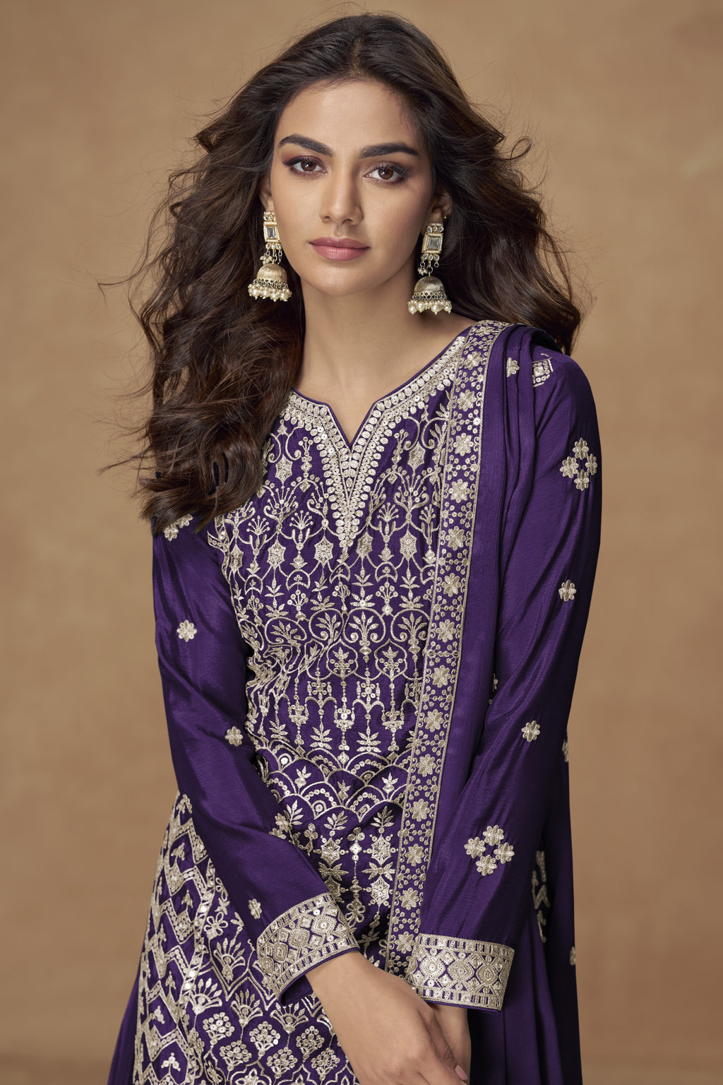 Purple Chinon Silk Kameez With Plazzo Suit For Indian & Pakistani Wedding Festival - Thread & Sequence Embroidery