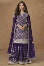 Purple Chinon Silk Kameez With Plazzo Suit For Indian & Pakistani Wedding Festival - Thread & Sequence Embroidery