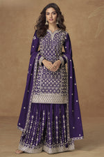 Purple Chinon Silk Kameez With Plazzo Suit For Indian & Pakistani Wedding Festival - Thread & Sequence Embroidery