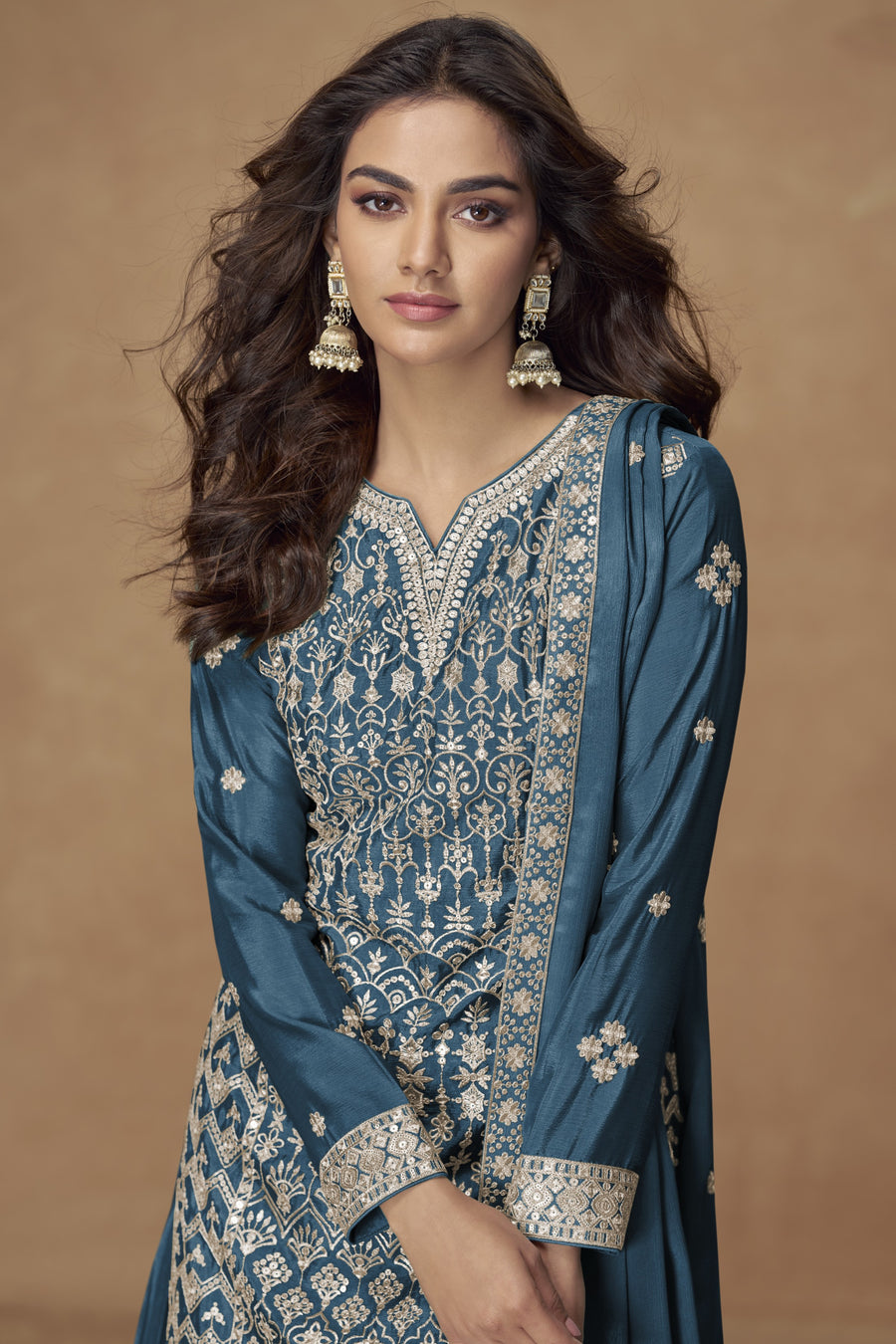 Teal Chinon Silk Kameez With Plazzo Suit For Indian & Pakistani Wedding Festival - Thread & Sequence Embroidery